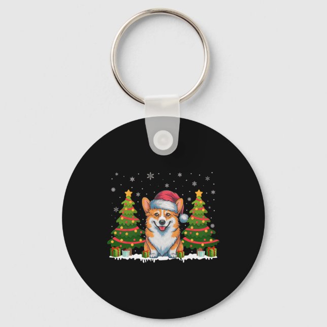 Chaveiro Xmas Tree Lights Corgi Dog Santa Hat Swe de Natal (Frente)