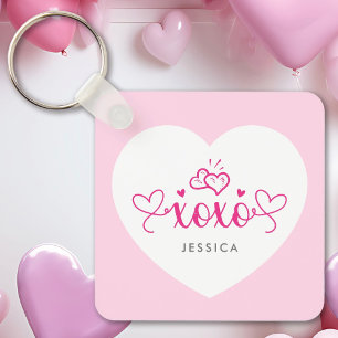 Chaveiro XOXO Texto Personalizado Foto Corações Rosa Fofo