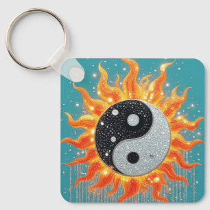 Chaveiro Yin Yang Laranja Com Detalhes Radiantes Dourados