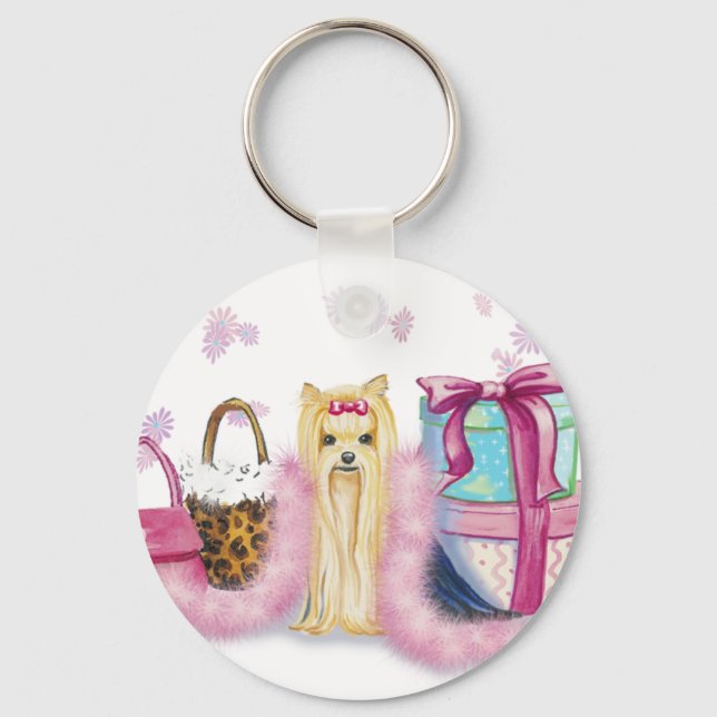 Chaveiro Yorkshire Terrier Pink Feather Boa Key Chain (Frente)