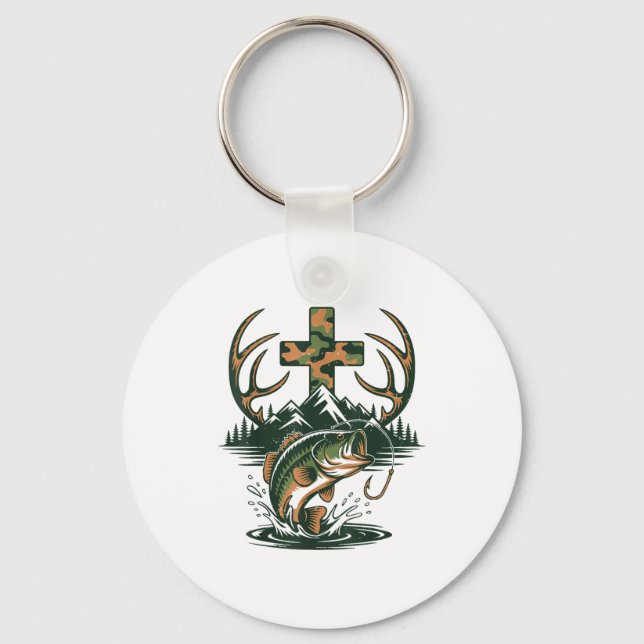 Chaveiro Youth Camo Faith Hunting Fishing Cross Fisherman C (Frente)