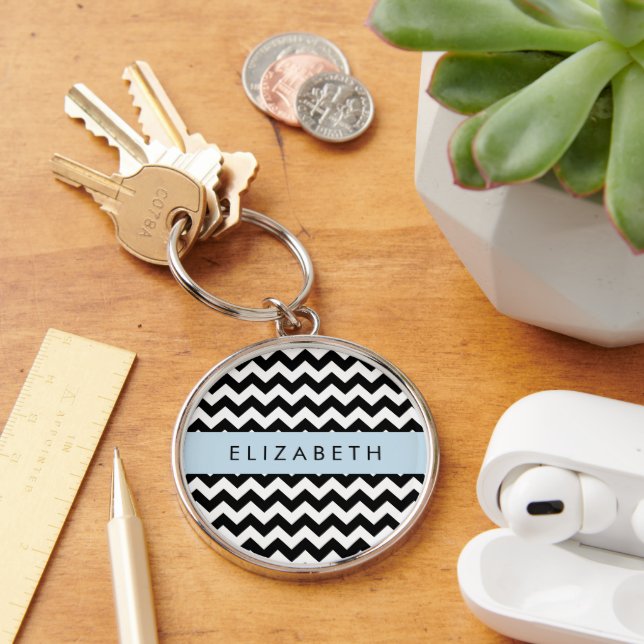 Chaveiro Zigzag preto-e-branco, padrão Chevron, seu nome (Mesa)