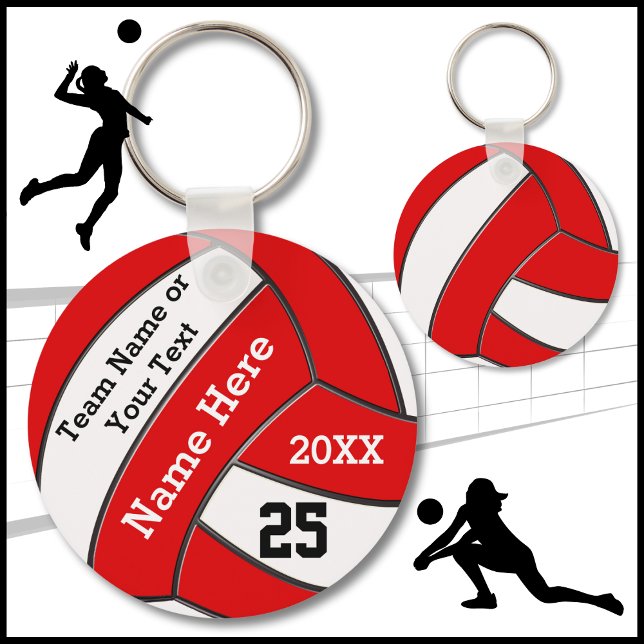 Chaveiros de vôlei baratos em suas cores e texto (Volleyball Souvenirs. Red White and Black, Personalized Volleyball Keychains. Volleyball Keyring.)
