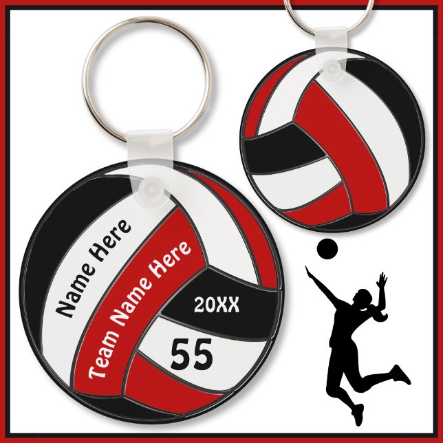 Chaveiros de voleibol vermelho, preto e branco (Red, black, white, Volleyball souvenirs. Cheap volleyball team gifts. Volleyball gift bag ideas. Tag)