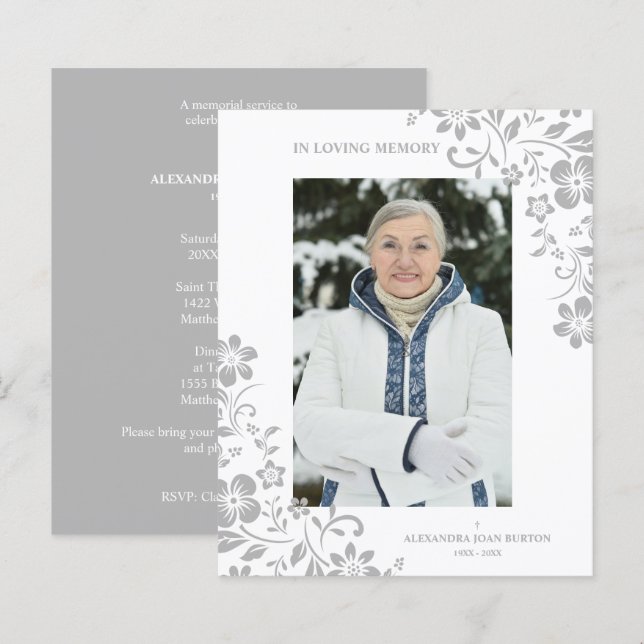 Cheap Classic Grey Floral Funeral Service Photo (Frente/Verso)