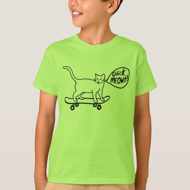 Check Meowt Punny Skateboard Cat T-Shirt (Frente)