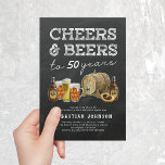 Cheers & Beers 50º Convite de aniversário<br><div class="desc">Convites de aniversário adultos russos com 50 anos de fundo de chalkboard,  uma seleção de cervejas de aquarela,  pretzel e um barril de cerveja,  o ditado "aplaude e cervejas até 50 anos",  e um modelo moderno do partido que é fácil de personalizar.</div>