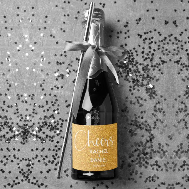 Cheers Faux DOURADO GLITTER Wedding Mini (Cheers gold faux glitter mini sparkling wine labels personalized for your wedding)