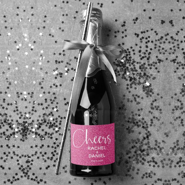 Cheers Faux HOT PINK GLITTER Wedding Mini (Cheers hot pink faux glitter mini sparkling wine labels personalized for your wedding)