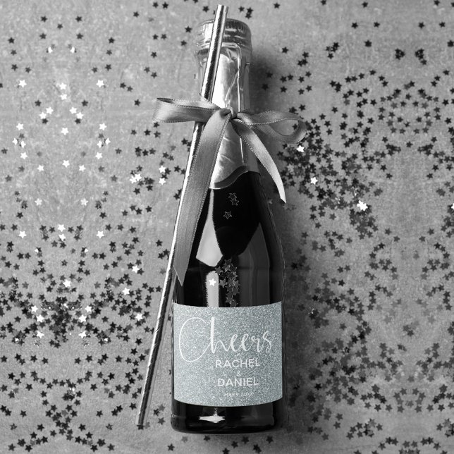 Cheers Faux SILVER GLITTER Wedding Mini (Cheers silver faux glitter mini sparkling wine labels personalized for your wedding)