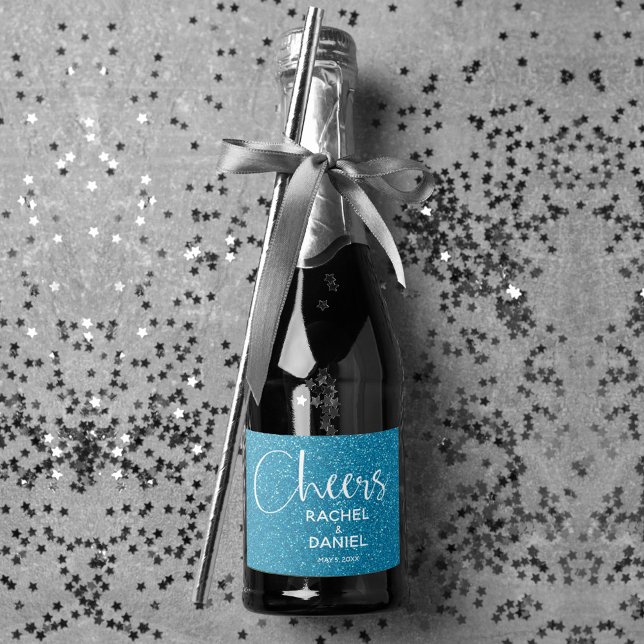 Cheers Faux TURQUOISE GLITTER Wedding Mini (Cheers turquoise faux glitter mini sparkling wine labels personalized for your wedding)