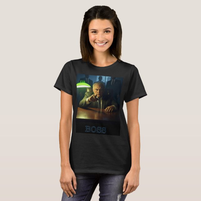 Chefe com SMS mulheres camiseta preta (Frente Completa)