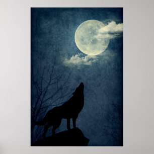 Cheio Blue Moon Howling Wolf Silhouette Poster