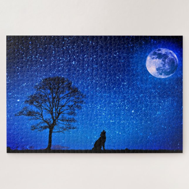 Cheio Wolf Moon Quebra-cabeça Starry Blue Night Sk (Horizontal)