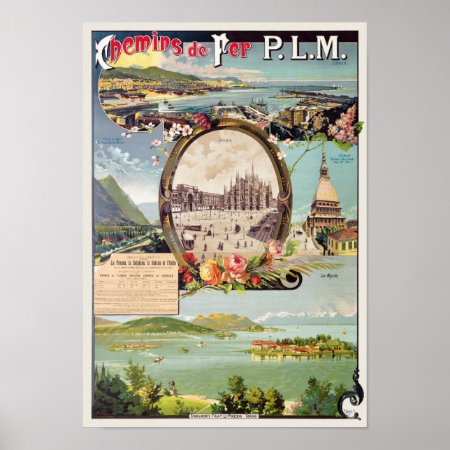 Chemins de fer PLM Itália Poster vintage 1895 (Frente)
