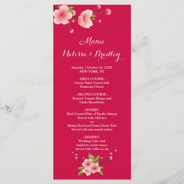 Cherry Blossom Pink Flora Branca Menu Casamento (Frente)