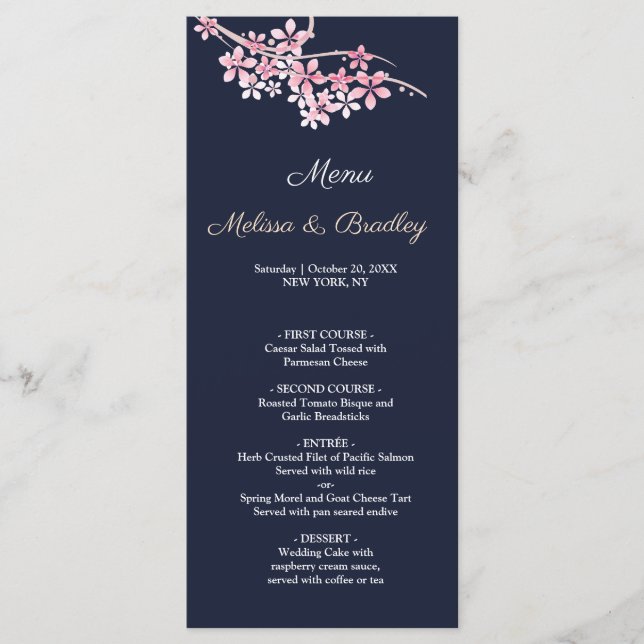 Cherry Blossom Pink marinho floral Menu Casamento (Frente)