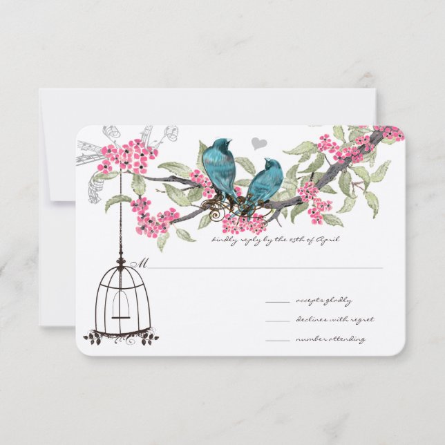 Cherry Blossoms Aqua Birdcage RSVP (Frente)