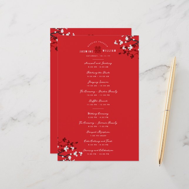 Cherry Blossoms Programa De Casamento Chinês Doubl (Frente/Verso In Situ)