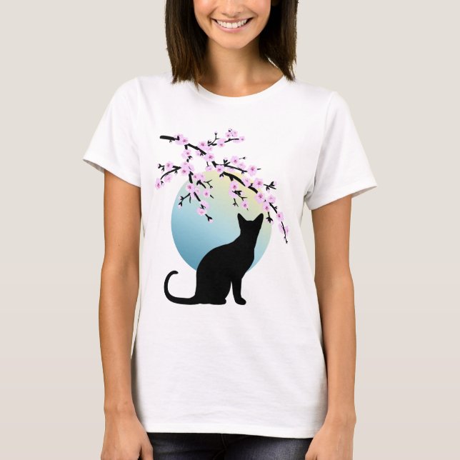 Cherry Blossoms SAKURA Lua Cheia Cat 3 T-Shirt (Frente)