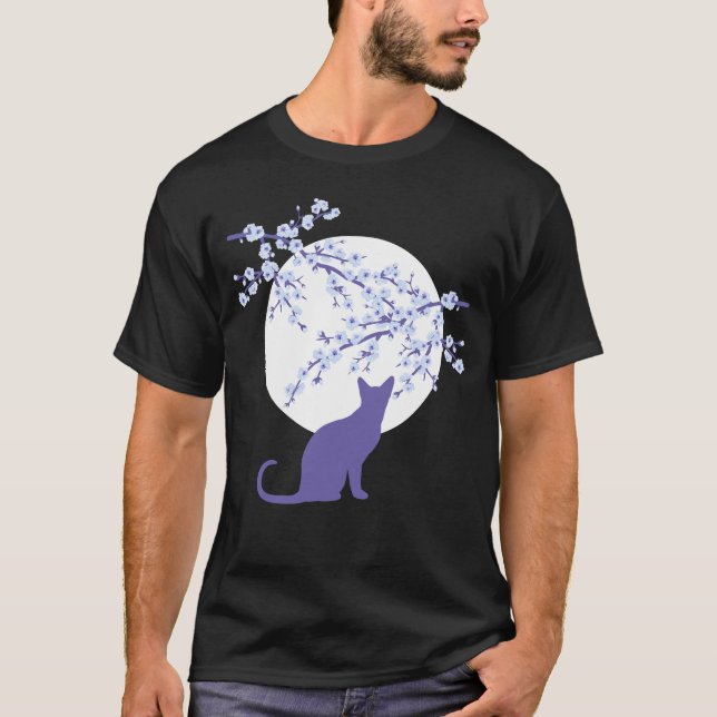 Cherry Blossoms SAKURA Lua Cheia Cat 3 T-Shirt (Frente)