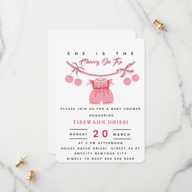 Cherry Chá de fraldas Convite Cherry no topo (Frente/Verso In Situ)