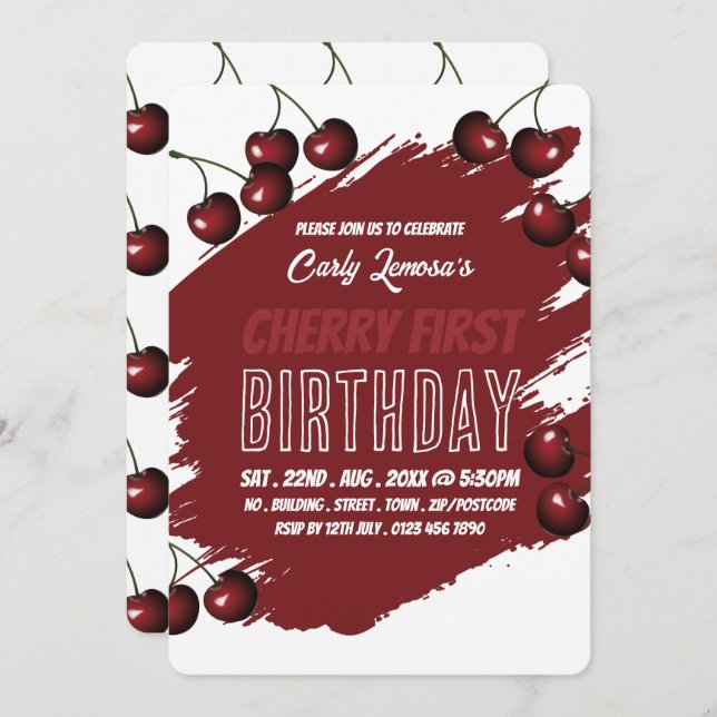 Cherry Design, Cherry First Birthday Convite (Frente/Verso)