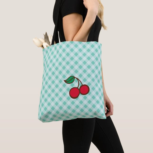 Cherry Gingham Retro Beach Viagem Tote Bag Gift (Close Up)