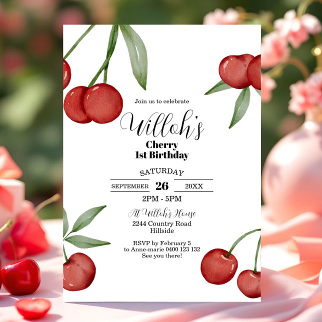 Cherry primeiro aniversario Convite à cereja de Ve (Cherry 1st Birthday Invitation. Watercolor Cherry Birthday Invitation Cherry Party Invitation)