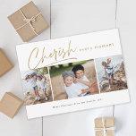 Cheryl cada momento três fotos cartão de Natal<br><div class="desc">Use nossa folha falsa "Cherish a cada momento" três cartões de Natal fotográficos para desejar aos seus amigos e família um Feliz Natal. Um backer coordenador com um fazer de mensagem pessoal mais longo, é um cartão super pessoal. Você pode remover qualquer um ou todos os itens de backer ou...</div>