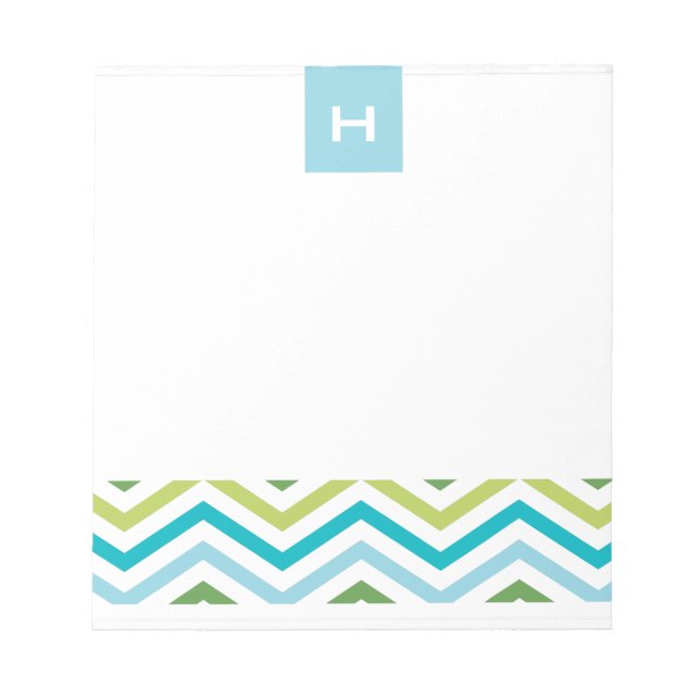 Chevron Azul e Verde | Bloco de notas monograma (Frente)