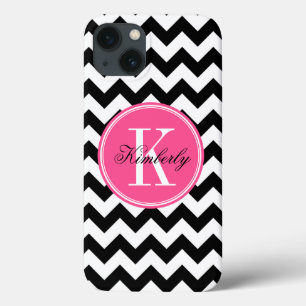 Chevron preto e branco com monograma cor-de-rosa
