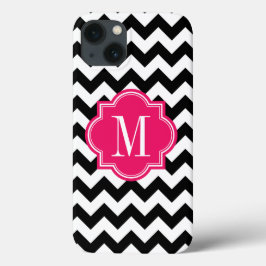 Chevron Preto e Branco com Monograma Rosa Quente