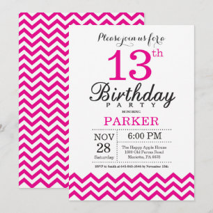 Chevron Rosa Quente de Convite para Aniversário d
