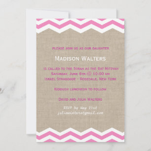 Chevrons Rosa no Burlap Bat Mitzvah Convite