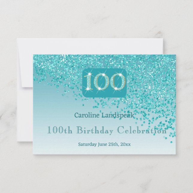 Chic 100 Birthday Teal Blue Glitter RSVP (Frente)