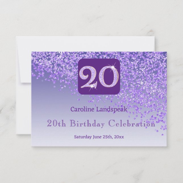 Chic 20 Birthday RSVP de Glitter Roxo (Frente)