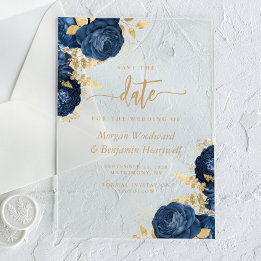 Chic Azul Marinho Dourado Floral Casamento Salve a