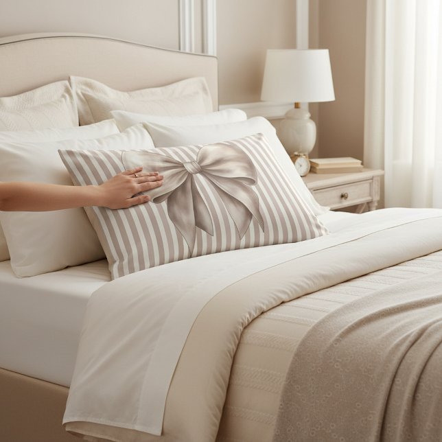 Chic Beige Bow Vertical Stripes Accent Pillowcase (Criador carregado)