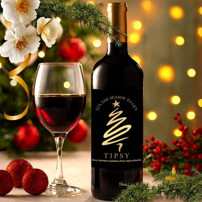 Chic Black e Dourado rótulo de vinho de Natal (Holiday wine label featuring a gold stylized Christmas tree on a black background)