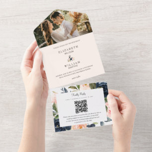 Chic Blush & Marinho Floral Casamento QR Código Fo