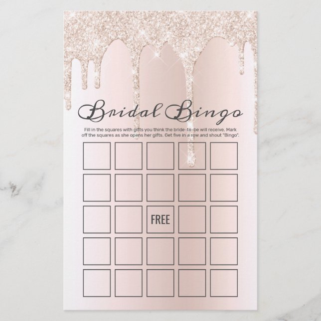 Chic Blush Pink Glitter Bridal Bingo Game (Frente)