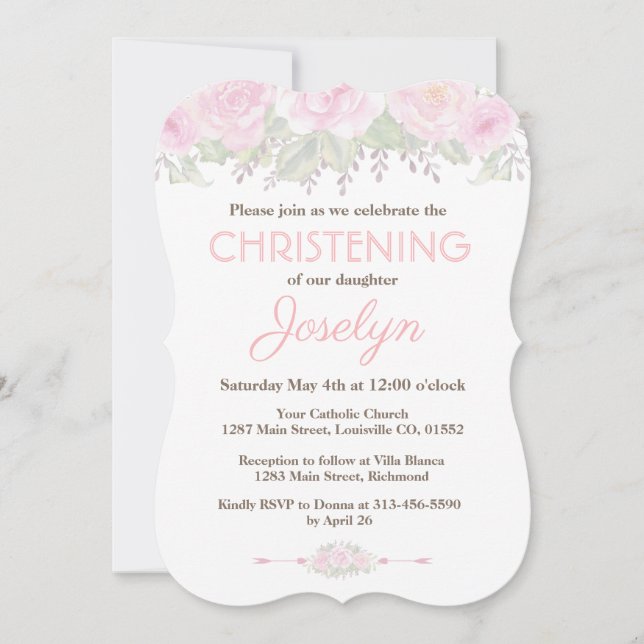 Chic Blush Rosa Garden Floral Baptism Convite (Frente)