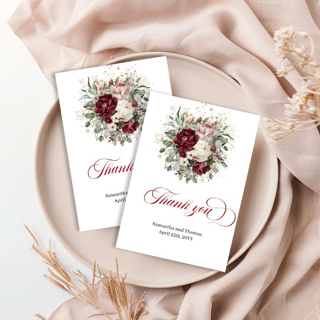 Chic Boho Borgonha Verde Dourado Agradecimento de  (Chic Boho Burgundy Greenery Gold Wedding Thank You Card)