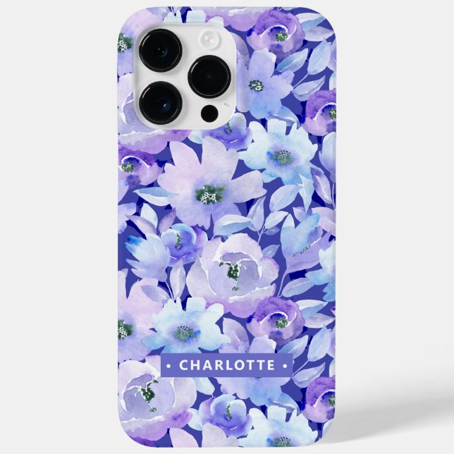 Chic Botânico Roxo Azul Floral Nome Aquarela (Verso)