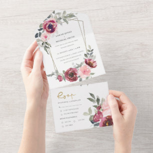CHIC BURGUNDY BLUSH ROSA FLORAL WATERCOLOR WEDTING