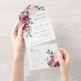 CHIC BURGUNDY BLUSH ROSA FLORAL WATERCOLOR WEDTING