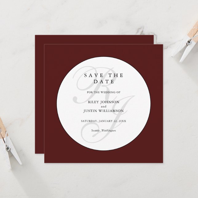 Chic Burgundy e Monograma Branco Salve a Data (Frente/Verso In Situ)