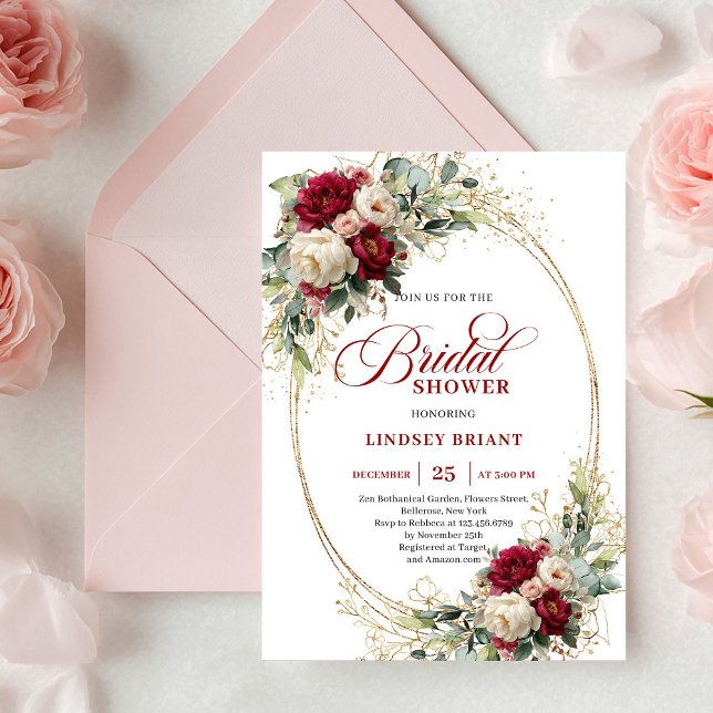 Chic Burgundy e Rosas Brancas Convite de Chá de No (Chic Burgundy and White Roses Gold Bridal Shower Invite)