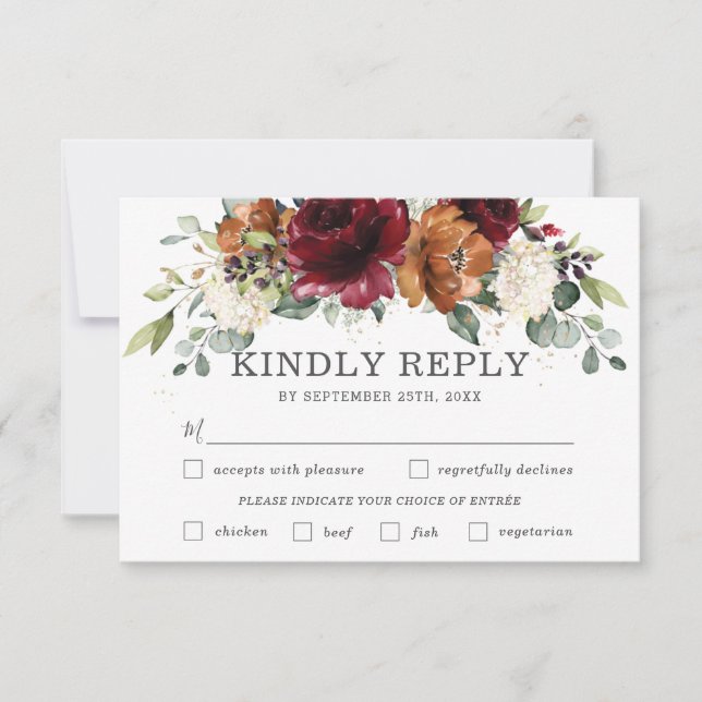 Chic Burgundy Floral Weding RSVP Card (Frente)